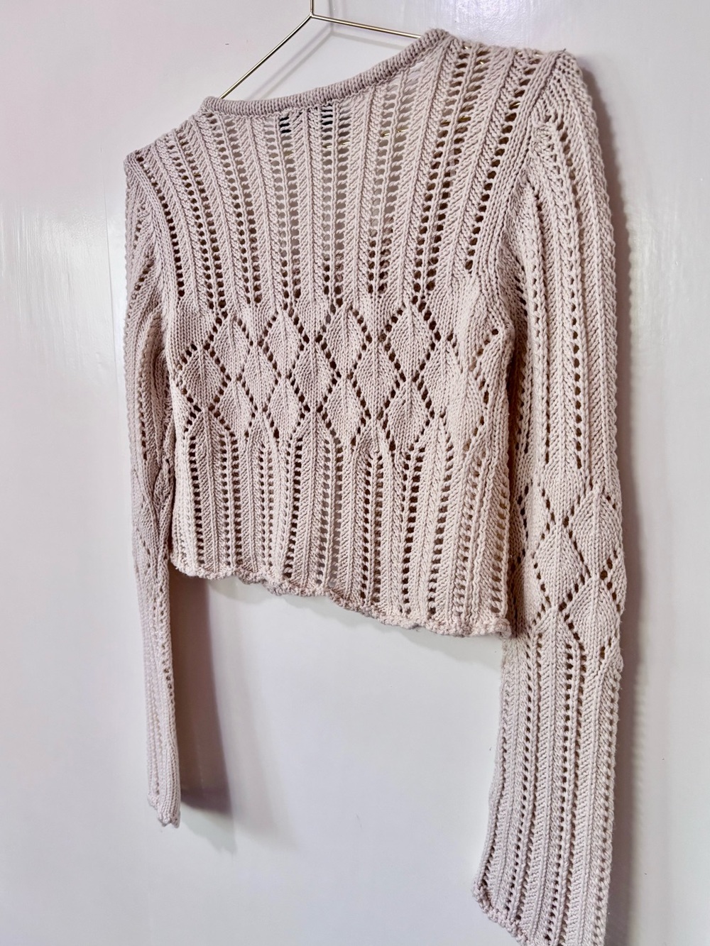 RD Style| Cream Open-Knit Tie-Front Cropped Cotton Blend Crochet Cardigan Sz XS - Picture 5 of 7